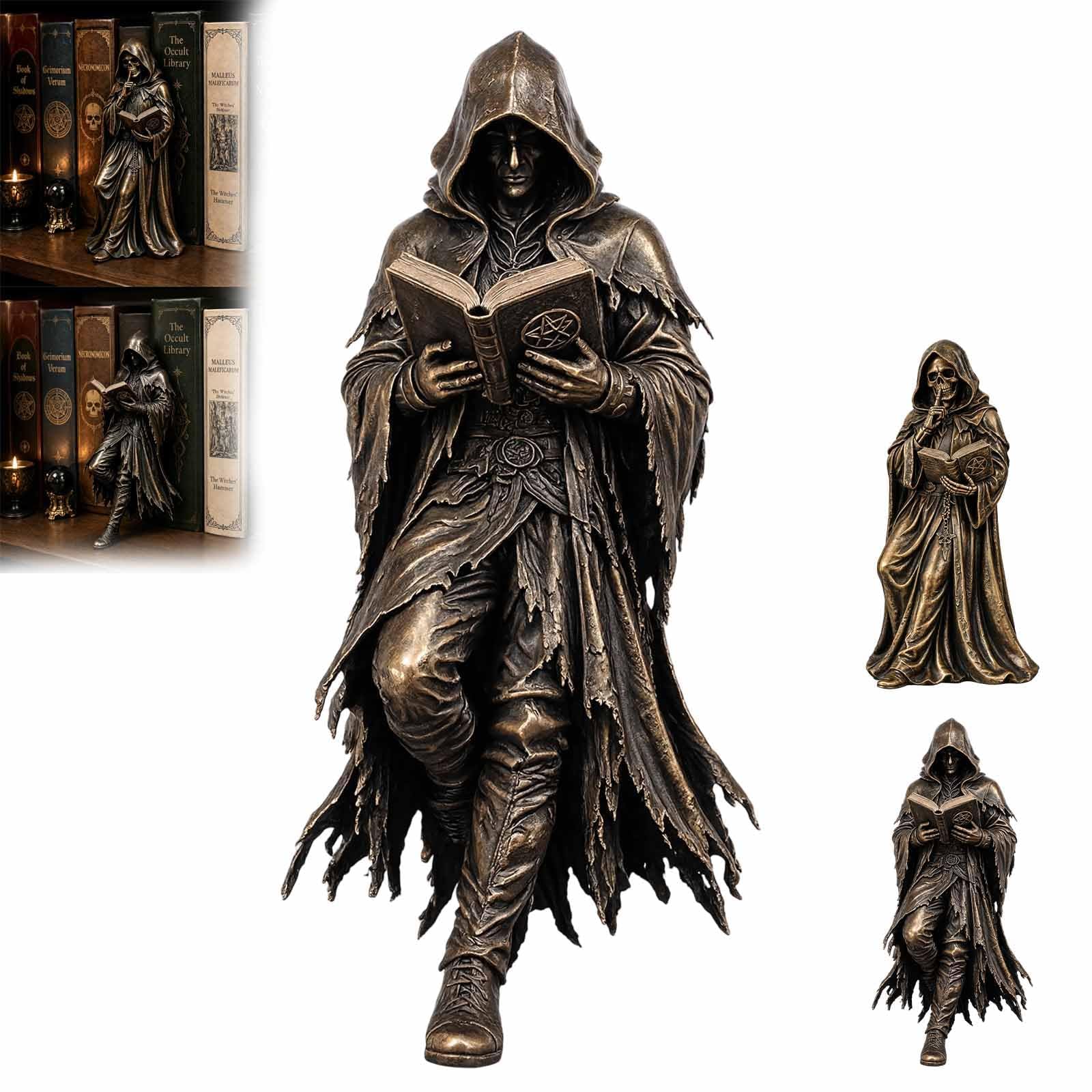2026 Gothic Dark Fantasy Figure,Reading Death Gothic Skeleton Demon Hooded Figurine Set,Resin Sitting Reaper Reading Book Sculpture,Dark-Style Seated Figurine PC and Bookshelve Halloween Decor (e)