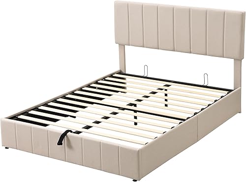 Miniatura 114 de Base de cama LED tapizada tamaño Queen, plataforma flotante de terciopelo con cabecero, MDF moderna y cama de madera contrachapada (beige-081)