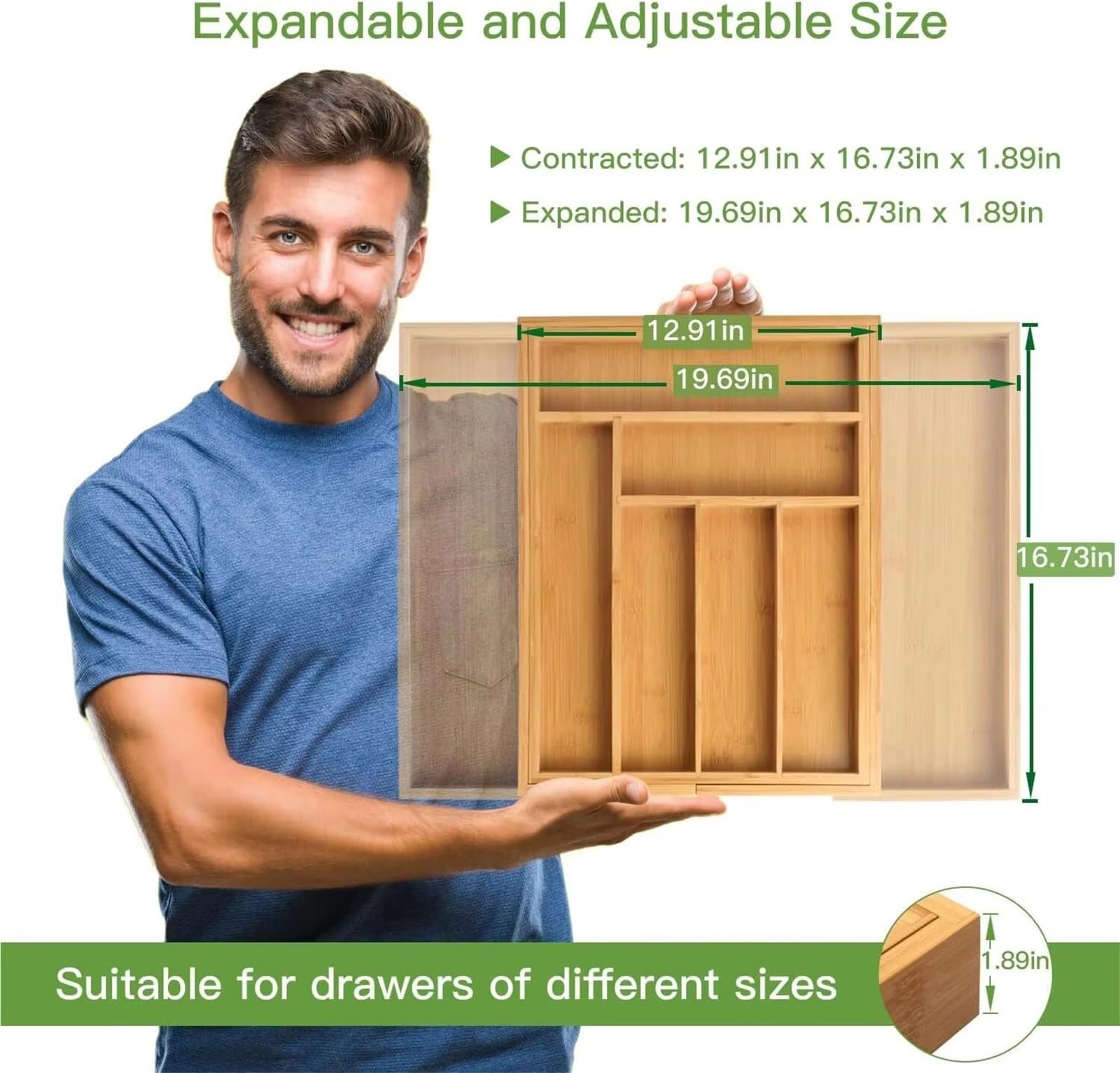Cubertero Cajon Organizador de cubiertos bambú, bandeja extensible for, organizador utensilios cocina for cucharas, tenedores y cuchillos, multiusos