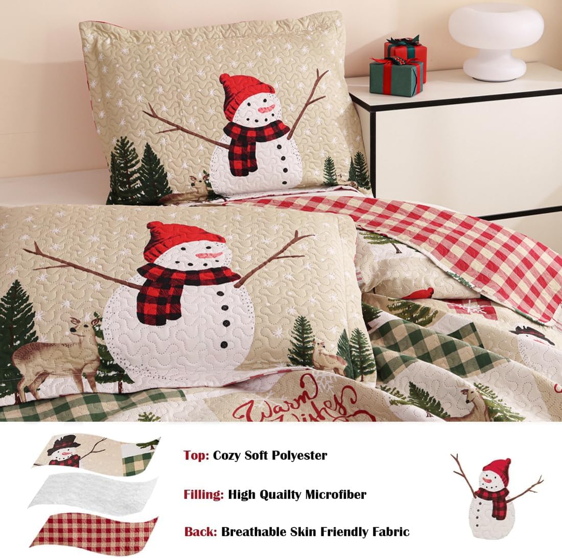 Jarson Christmas Quilt Set King Size 3-Piece Xmas Bedspread Reversible Coverlet Snowman Tree Design for New Year Bed Decor, Lightweight Bedding Cover for All Season(1 Quilt + 2 Pillow Shams, Beige)