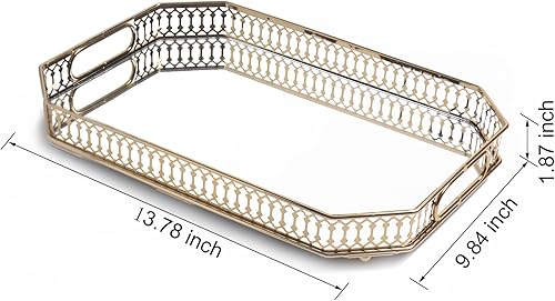 Miniatura 2 de Bandeja de plato de cena de 13 x 8 pulgadas, bandeja de tocador decorativa con espejo con diseño de corte de metal dorado, base de vidrio,