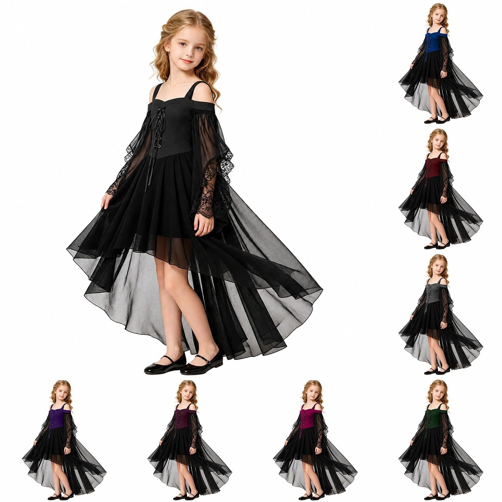 Vokuhila - Vestito medievale per Halloween, per bambine, gotico, cosplay | Vestito da principessa per bambini, a maniche lunghe, con spalle scoperte, in pizzo, stile vittoriano, vampiro, carnevale