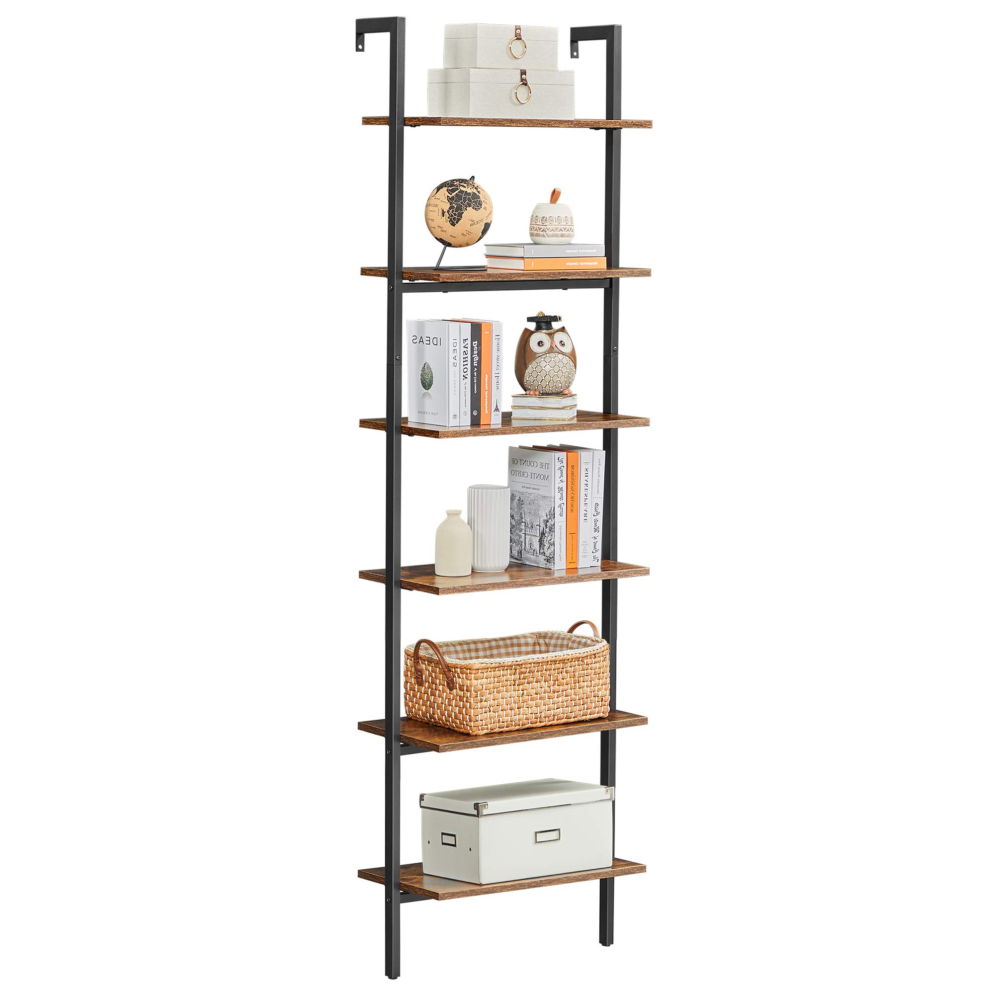 VASAGLE Scaffale a Scala, Contro Parete a 6 Ripiani, per Soggiorno, Ufficio, Cucina, Camera da Letto, 60 x 30 x 204,8 cm, Industriale, Marrone Vintage e Nero LLS103B01