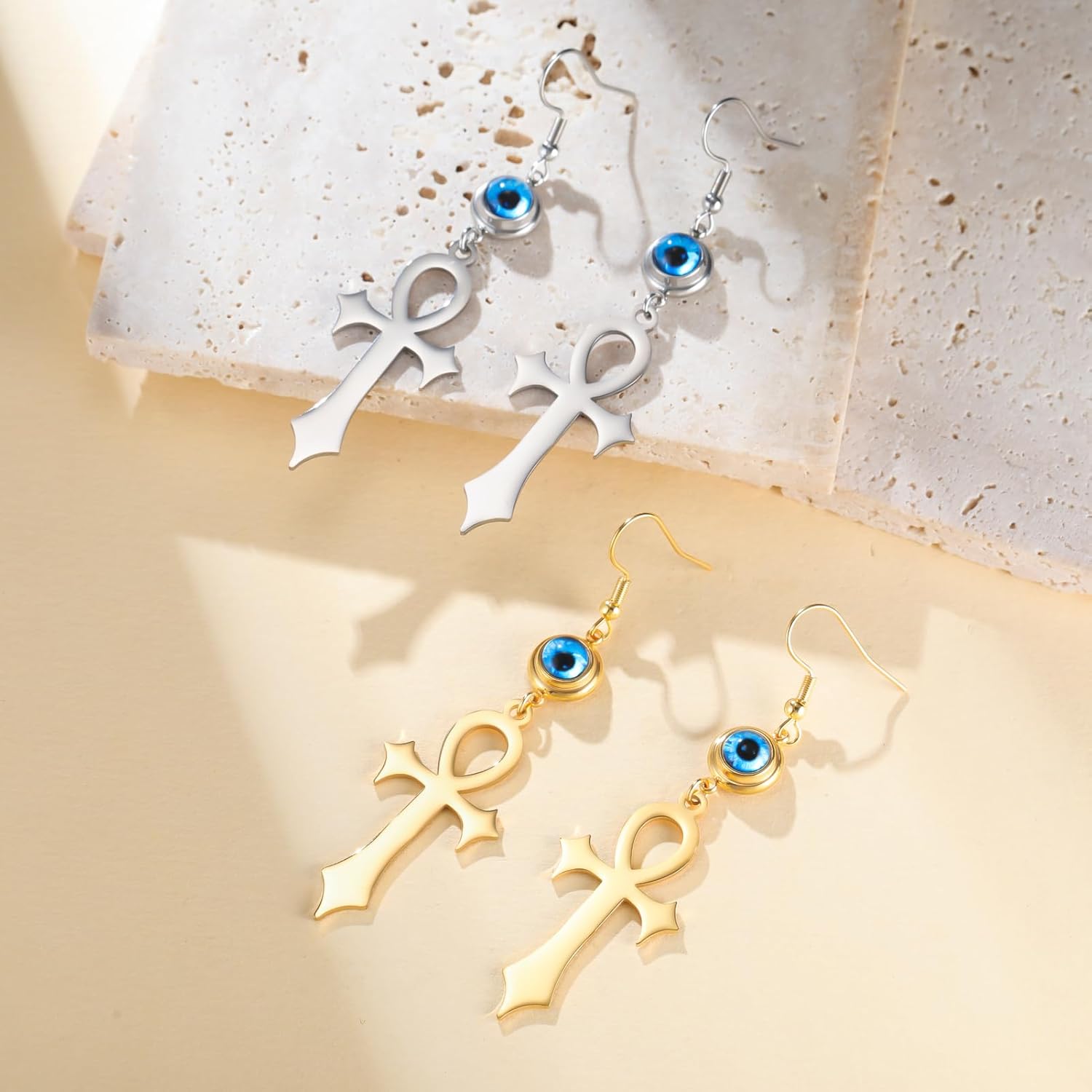 Stainless Steel Evil Eye with Ankh Symbol Earrings for Women Trendy Protection Evil Eye Ankh Cross Earrings Gift for Friends Sisters - Image 7