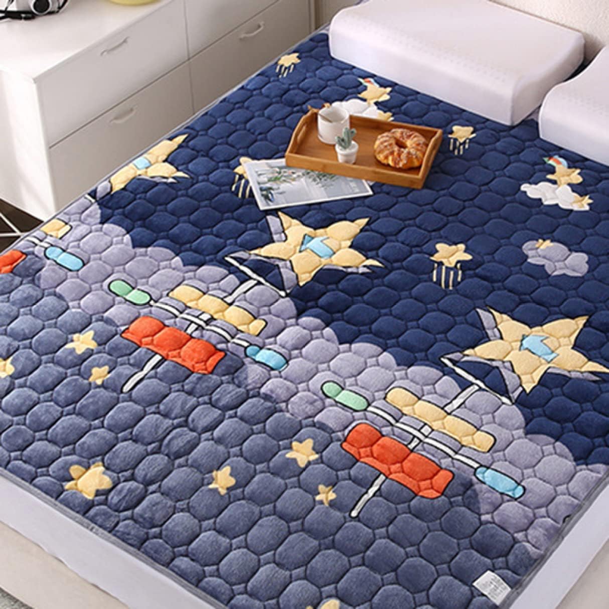 Mattress Pad Flannel Moisture Absorbing Double Size Washable Comfortable to Sleep on Futon (Navy Blue 150 x 200 cm)