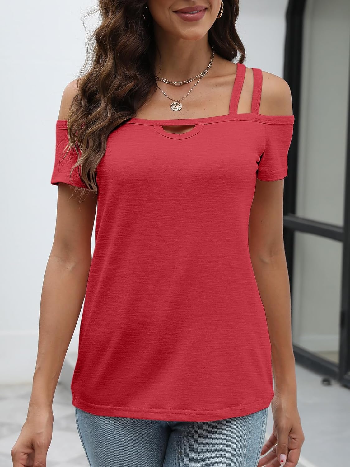 Womens Cold Shoulder Tops for Women Summer Sexy Cut Out Tops Short Sleeve Criss Cross Casual Shirts - Image 2