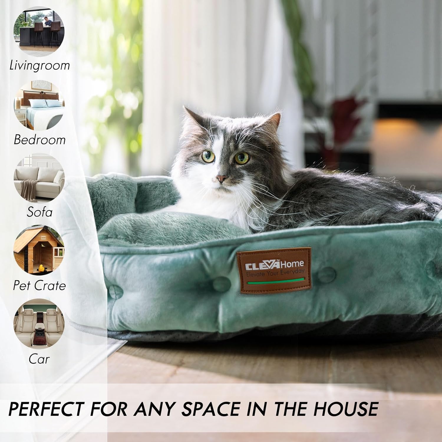 ClevaHome Upgrade Plush Faux Fur Cat Bed - Washable Round Cat Beds for Indoor Cats, Small Dog Bed for Pets up to 15lbs, Reversible Cushion, Non-Slip Bottom (Washed Green)
