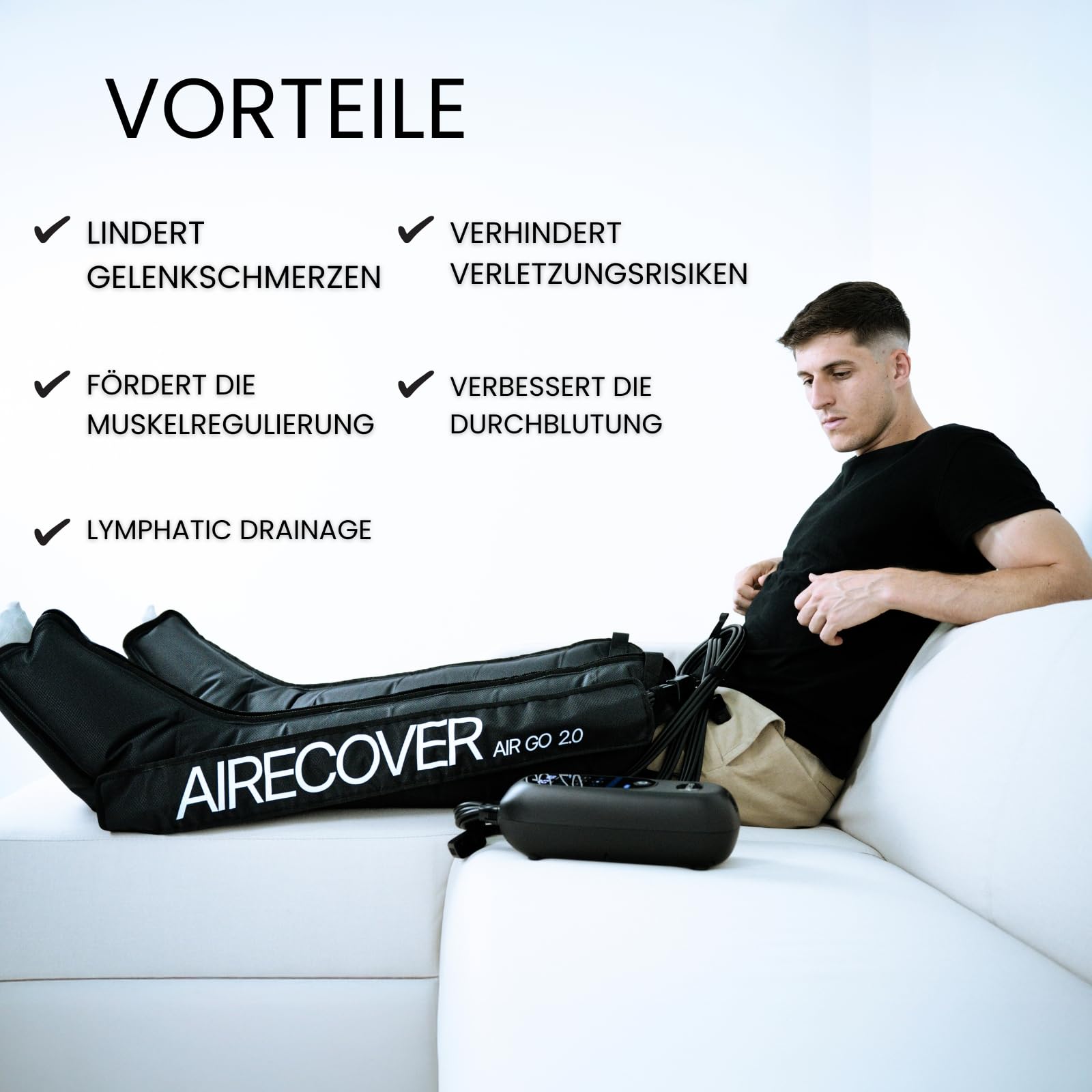 Kabelloses Pressotherapie, Lymphdrainage Gerät für Schmerzen und Durchblutung, Muskelentspannung & Erholung, mit 6 Luftkammern, 30-250 mmHg,4 Modes(L)