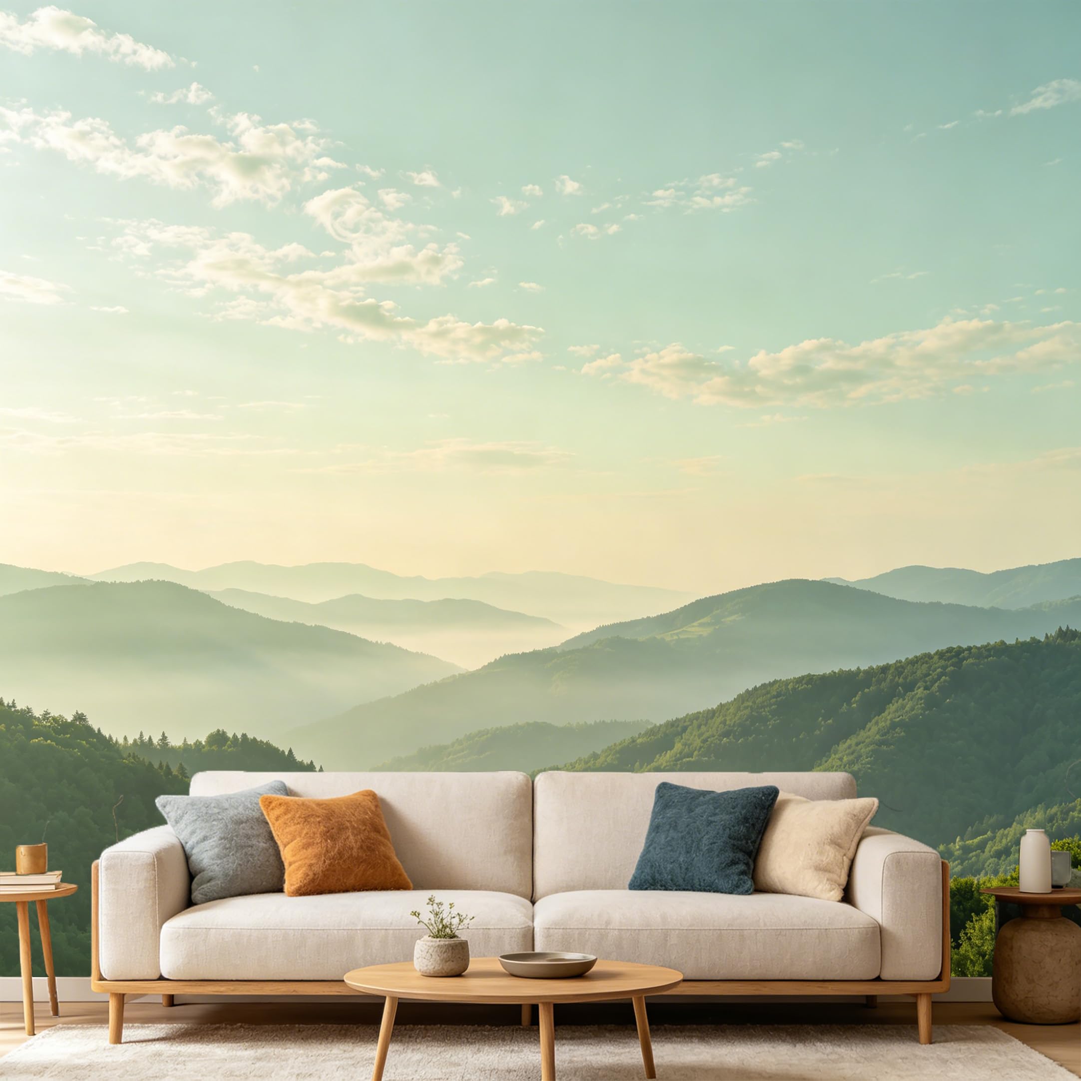 Custom Size Wall Mural Misty Mountain Landscape Forest View Nature Scenery SelfAdhesive Art Prints wall Fabric（No PVC） Removable Wallpaper Home Bedroom Decor