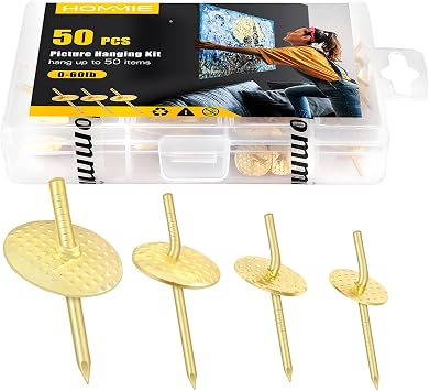 Hommie 50pcs Assorted One Step Hangers Iron Alloy Nail Hooks Photo Picture Frame Hangers Professional Plaster Picture Hanging Kit on Wooden/Drywall 10-60bls 50pcs