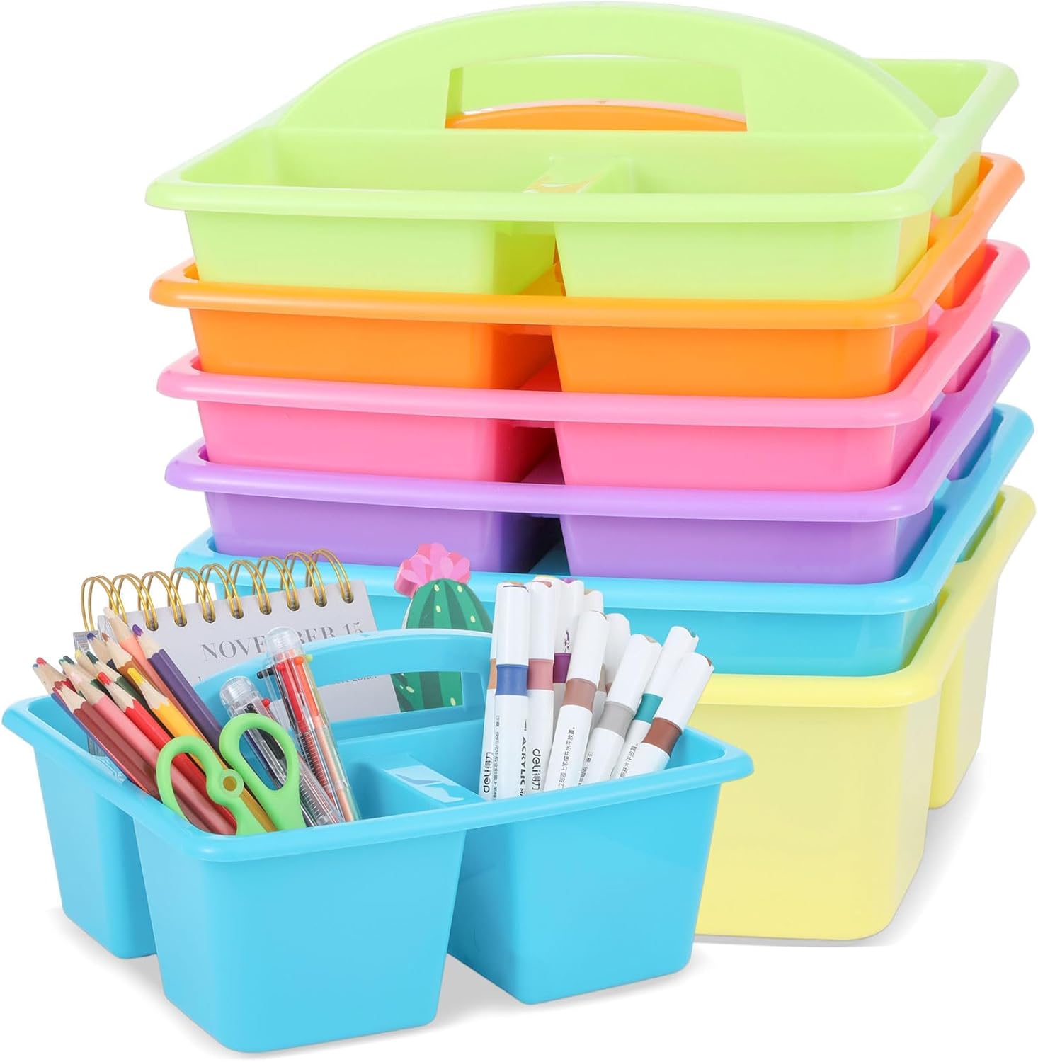 6 Pack Classroom Caddy with Handle Plastic Storage Caddy Organizer with 3 Compartments Desk Caddies Holder Portable Storage Bin for Pencil, Crayon, Marker, Home, Office, School Supply(Colorful)