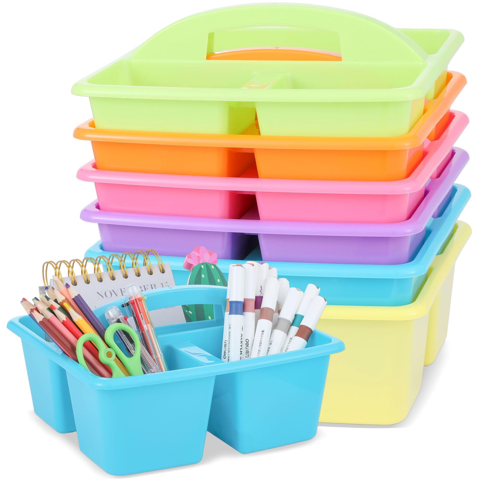 6 Pack Classroom Caddy with Handle Plastic Storage Caddy Organizer with 3 Compartments Desk Caddies Holder Portable Storage Bin for Pencil, Crayon, Marker, Home, Office, School Supply(Colorful)
