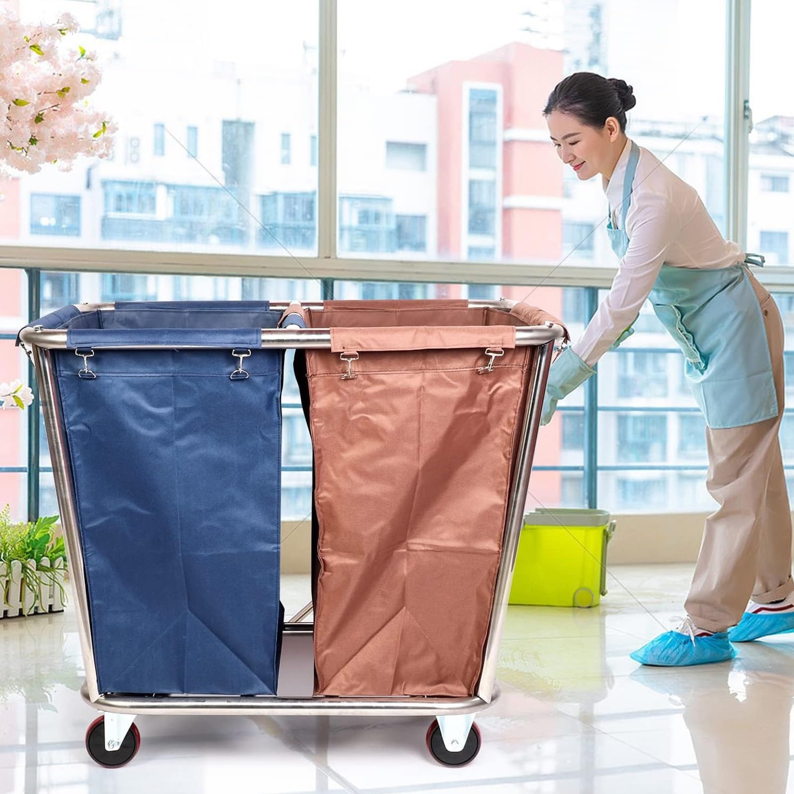 Carro Clasificador de Ropa con Ruedas, Carrito de Lavandería Comercial, Carrito Resistente para Ropa Blanca de Hotel con 2 Bolsas Extraíbles, Estructura de Acero Inoxidable, Capacidad de 200kg/440lb