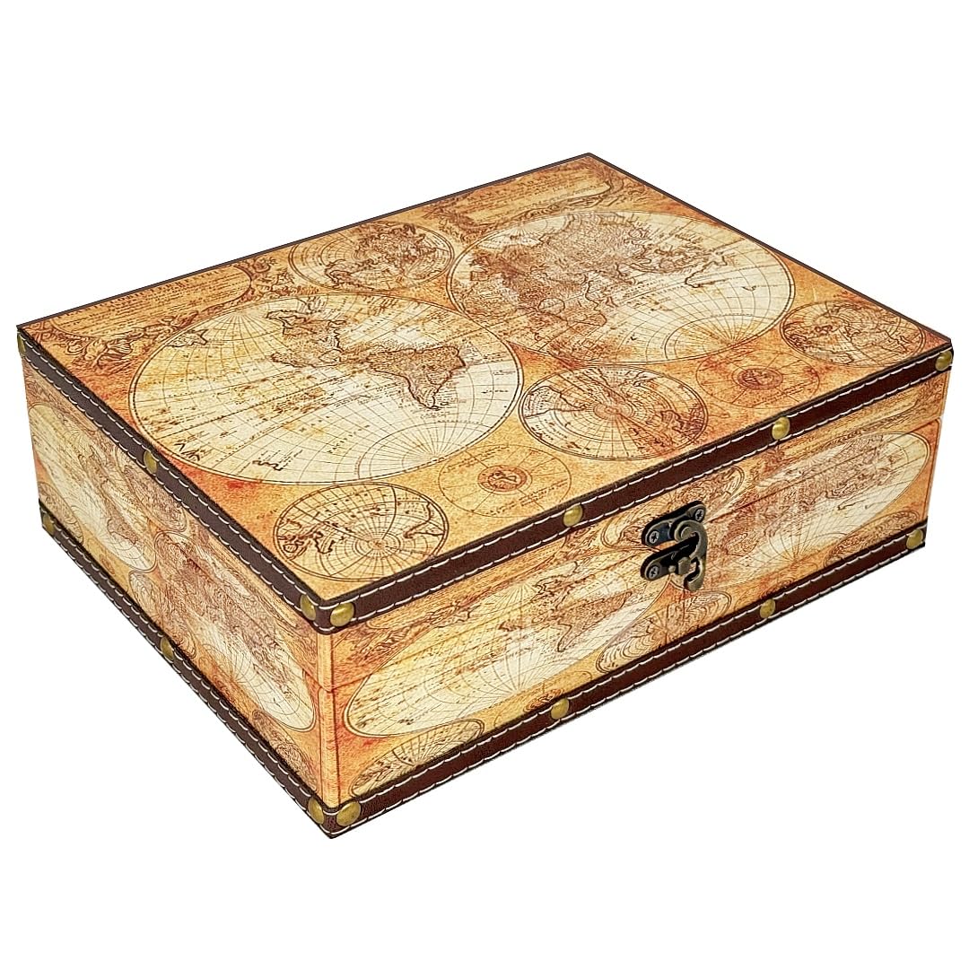 Amedoo Vintage Wooden Storage Box - Treasure Chest Themed Gift, Keepsake Box for Trinkets, Jewelry, Mementos - Global Decor (Map/Yellow, Medium)