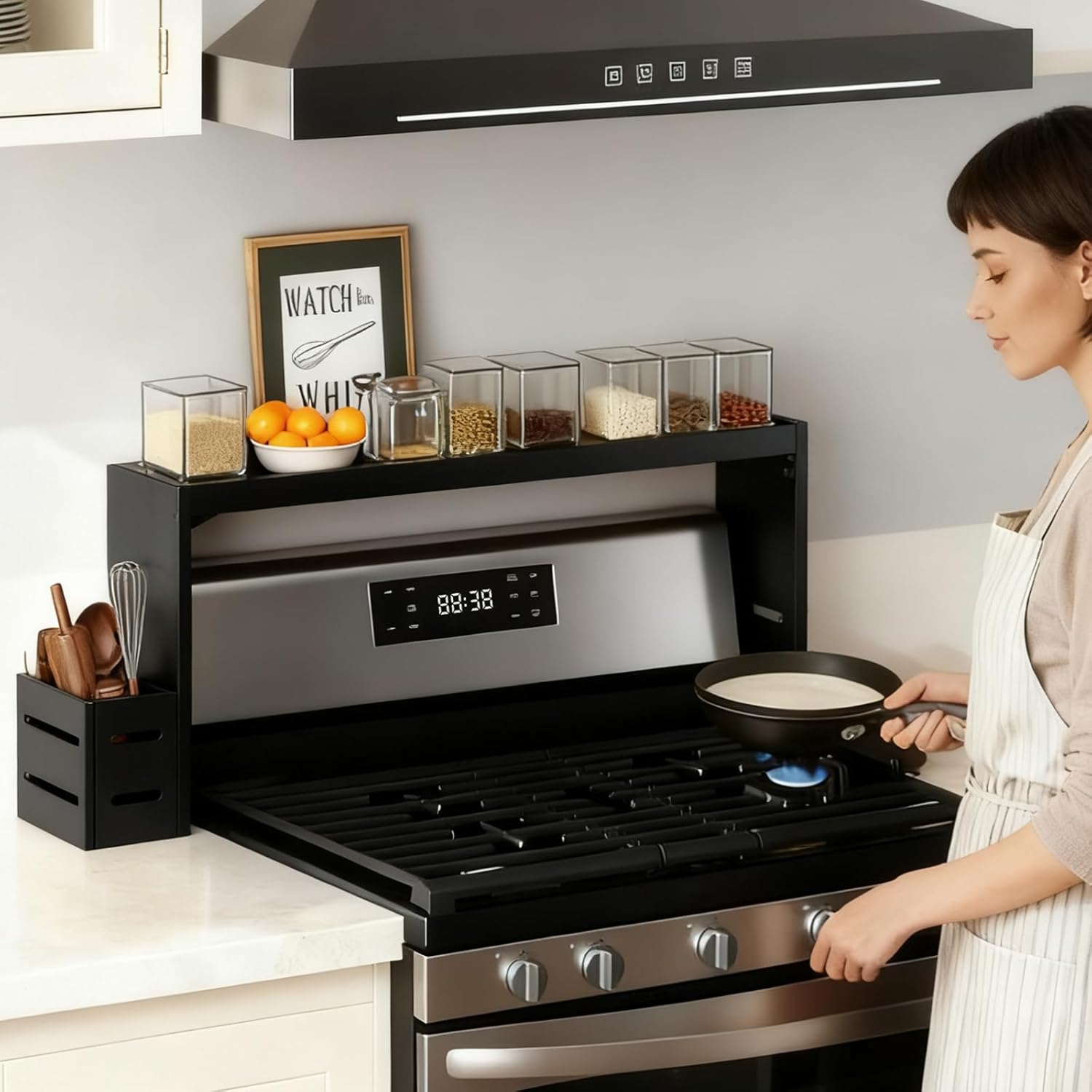 31-inch bamboo stove rack for above the hob, kitchen bamboo spice rack, supports up to 50 pounds. Bamboo stove rack for storing spices and kitchen utensils. (Black)