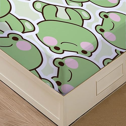 Miniatura 4 de MUSOLEI Juego de sábanas bajeras de rana con diseño de rana para niños, niñas y adolescentes, 1 sábana bajera ajustable de bolsillo profundo con 1