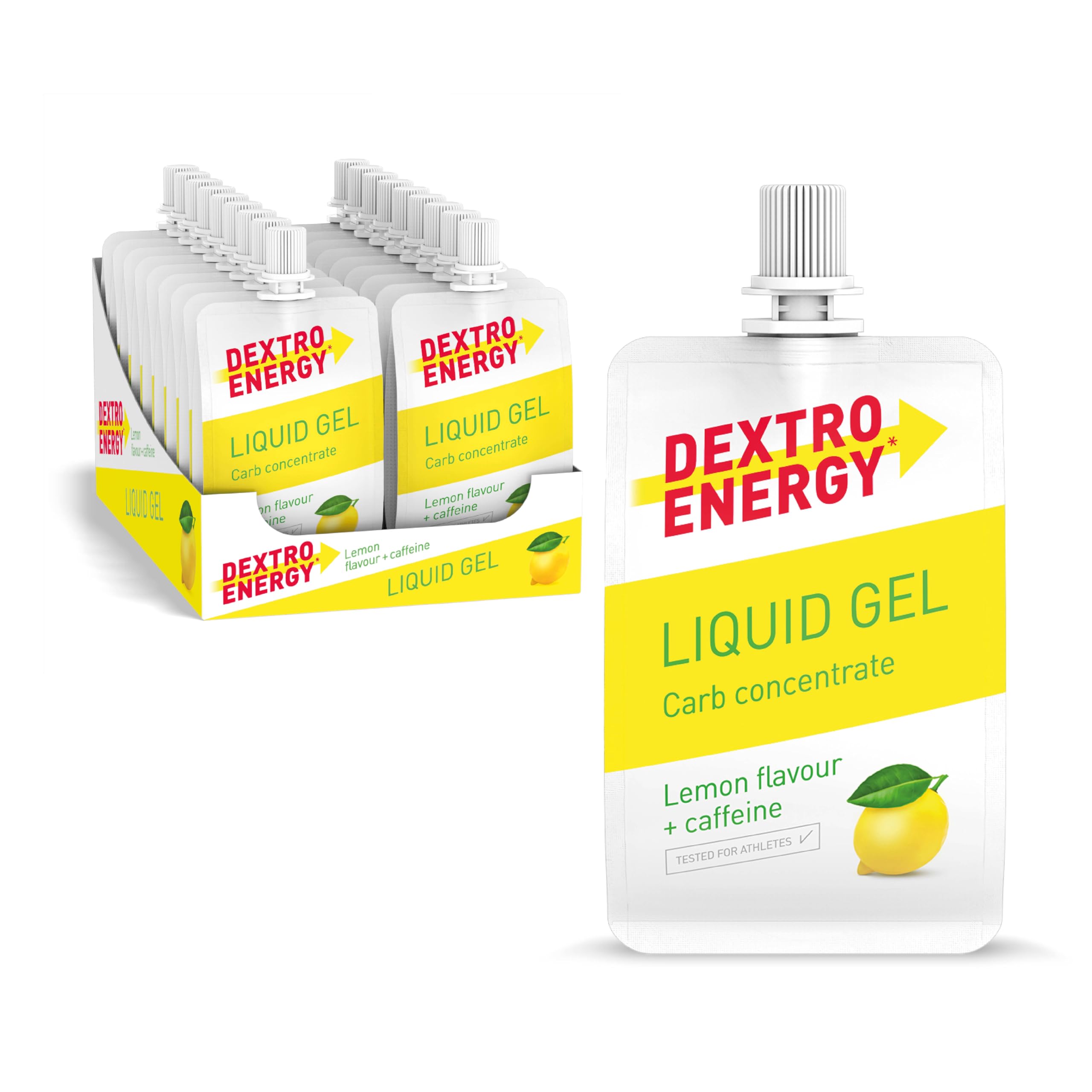 Dextro Energy Liquid Gel Lemon + Caffeine - 18x60ml (18er Pack) - High Carb Energy Gel zur schnellen Kohlenhydrate Versorgung und Koffein Zusatz