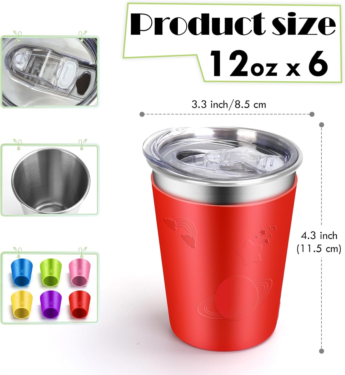 ShineMe No Spill Cup for Toddlers, 6pack Stainless Steel Kids Cups with Lids, 12oz Metal Cups for Kids, Toddlers, Preschoolers, Adults with Removable Vibrant Color Sleeves for Cold/Hot Drinks - Image 2