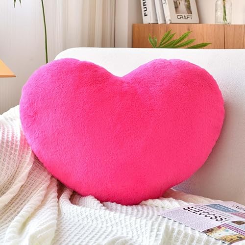 Almohadas de corazón rosa intenso, bonita almohada decorativa de corazón, almohadas en forma de corazón para cama, cojín de felpa de felpa de conejo