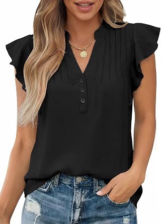 Falechay Womens Summer Tops Ruffle Cap Sleeve Henley Blouses Button Front Pintuck Pleated Tunic Boho Casual Trendy Shirts