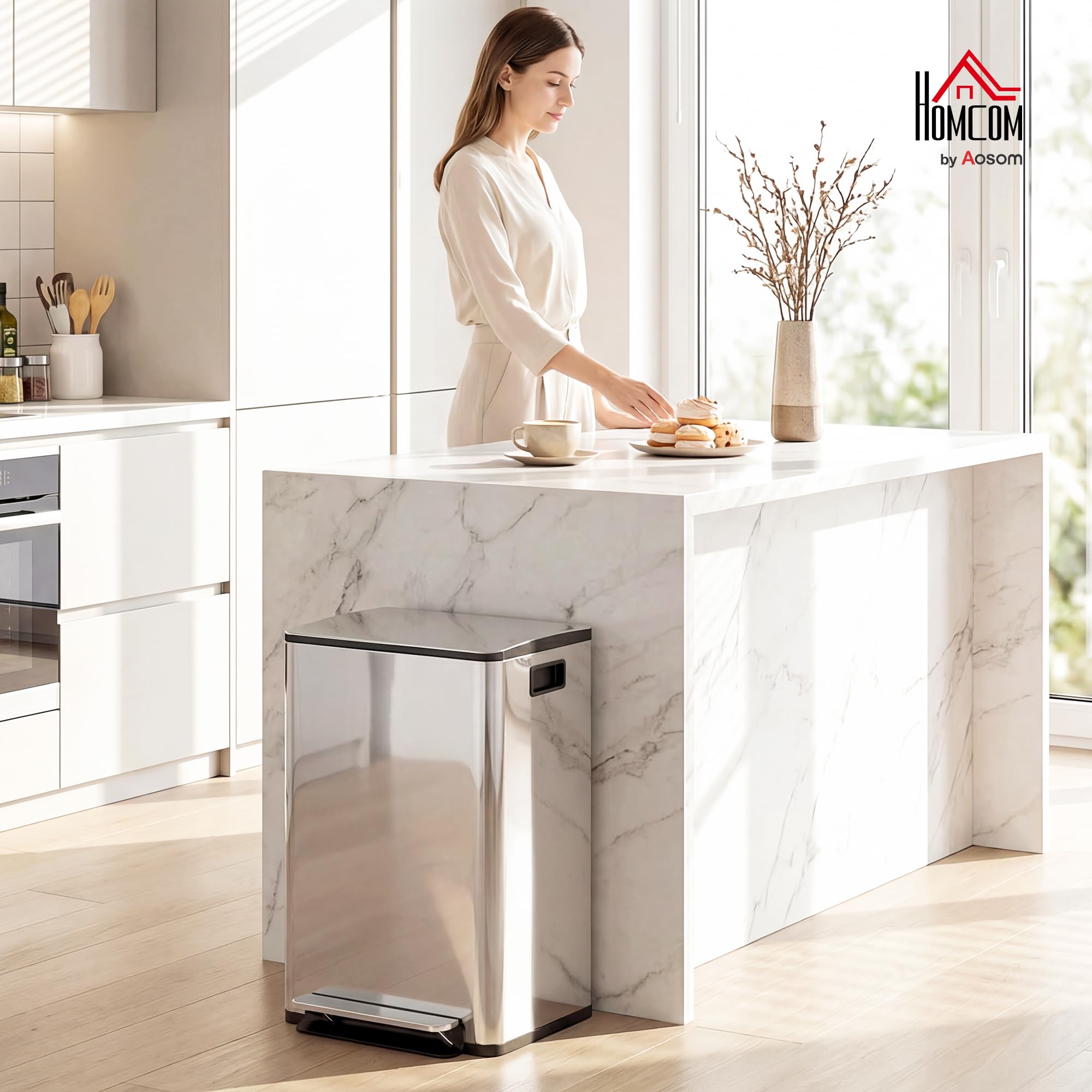 HOMCOM Pattumiera Differenziata 2 Scomparti 20L da Cucina a Pedale, Cestino Spazzatura con Coperchio a Chiusura Silenziosa in Acciaio Inox e PP, 41.8x36.7x58 cm, Argento