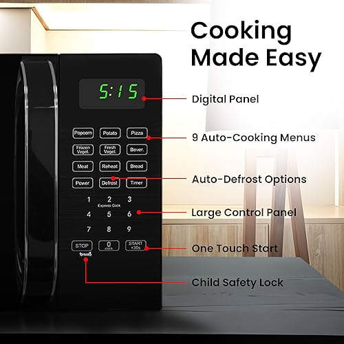 Miniatura 3 de Encimera de microondas pequeña de 0.7 pies cúbicos con pantalla digital, microondas de 700 vatios negro tiene 10 niveles de potencia y función de