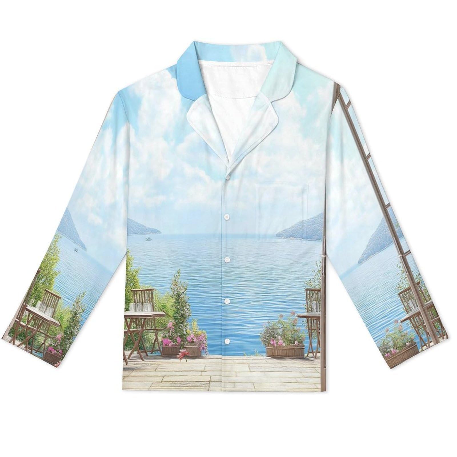 Completo Pigiama da Uomo - Giardino sul Mare Pigiama A Maniche Lunghe Abbigliamento da Casa 2 Pezzi Top + Pantaloni Morbido E Caldo Pigiama Autunnale E Invernale