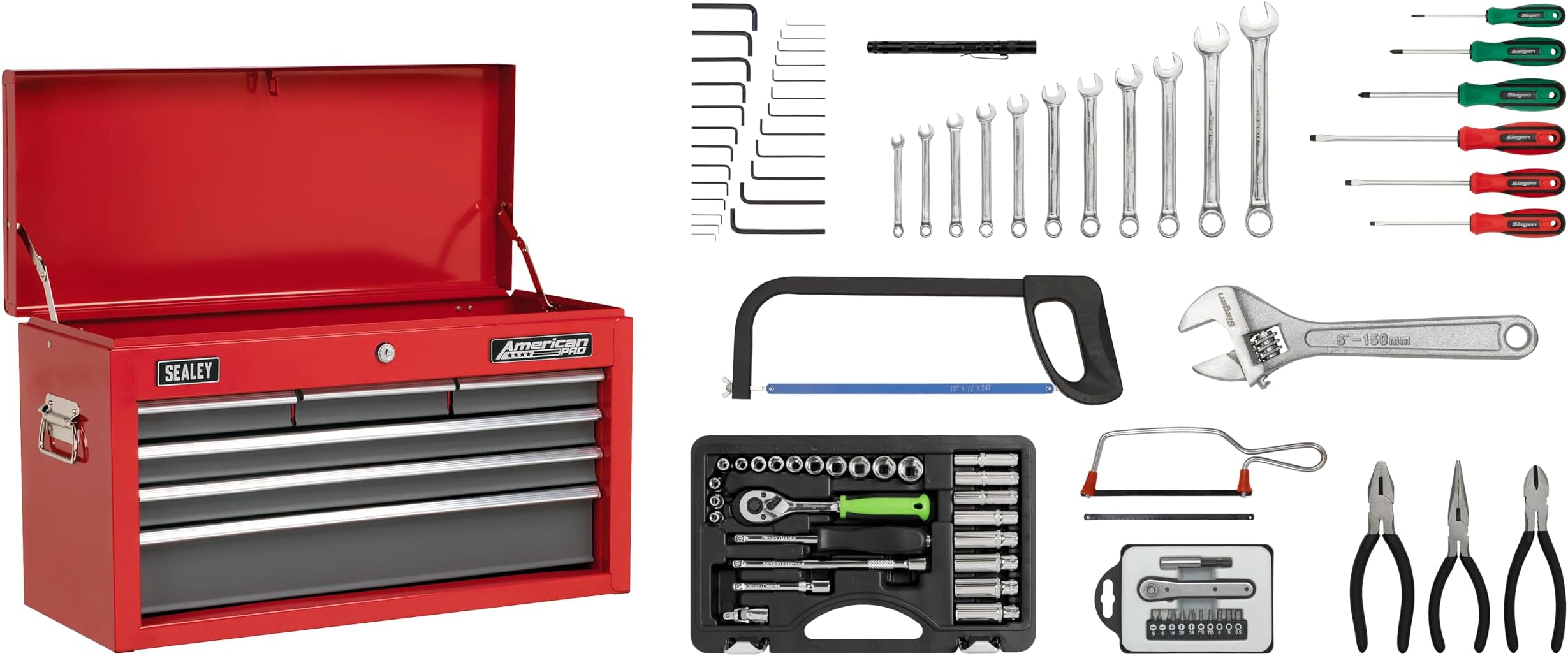 Sealey Ap2201Bbcombo Topchest 6 Drawer Bearing Runners Red/Grey & 97Pc Tool Kit