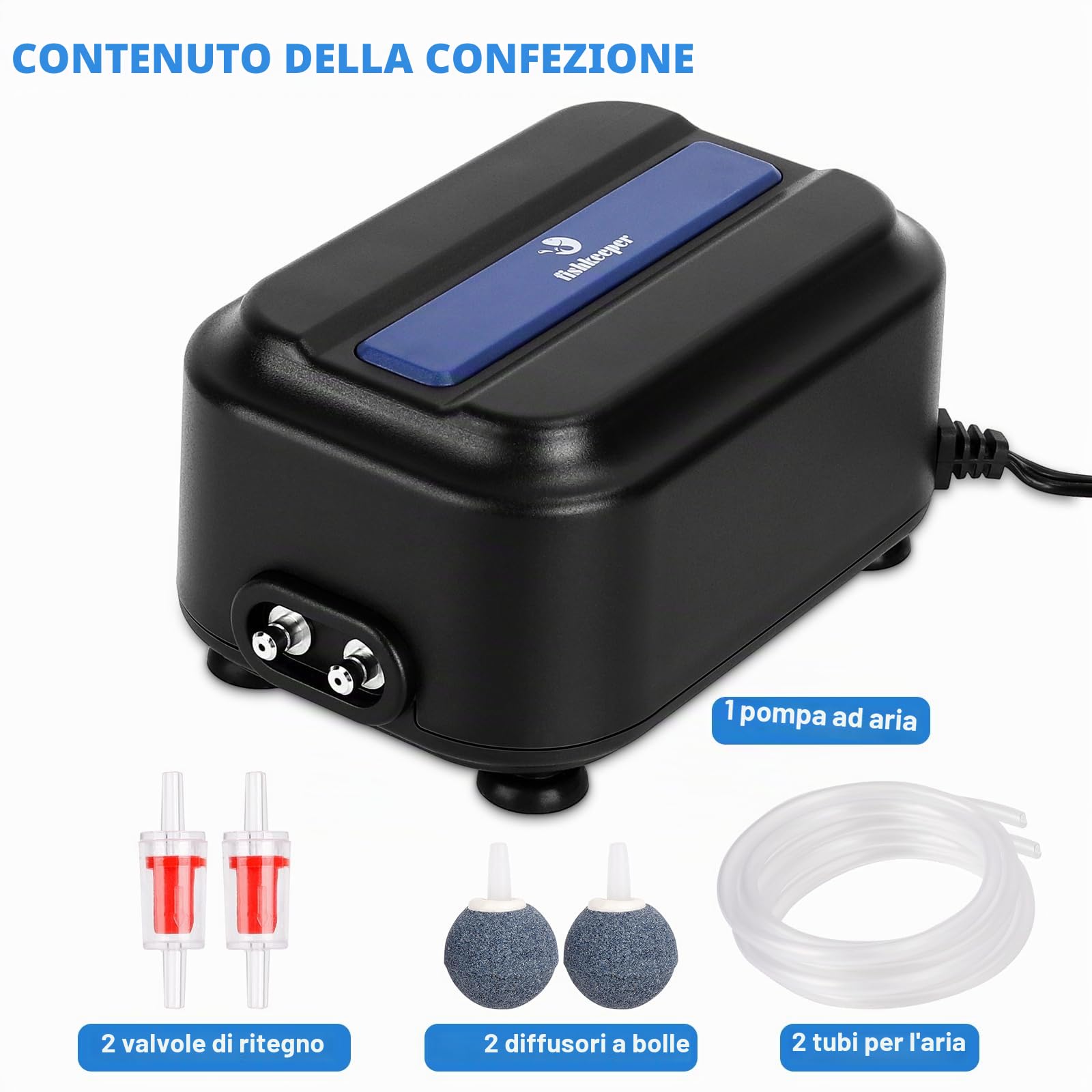 fishkeeper Pompa d'aria per acquari silenziosa, pompa d'aria ad alta portata per acquari fino a 520L, flusso d'aria massimo 500LPH