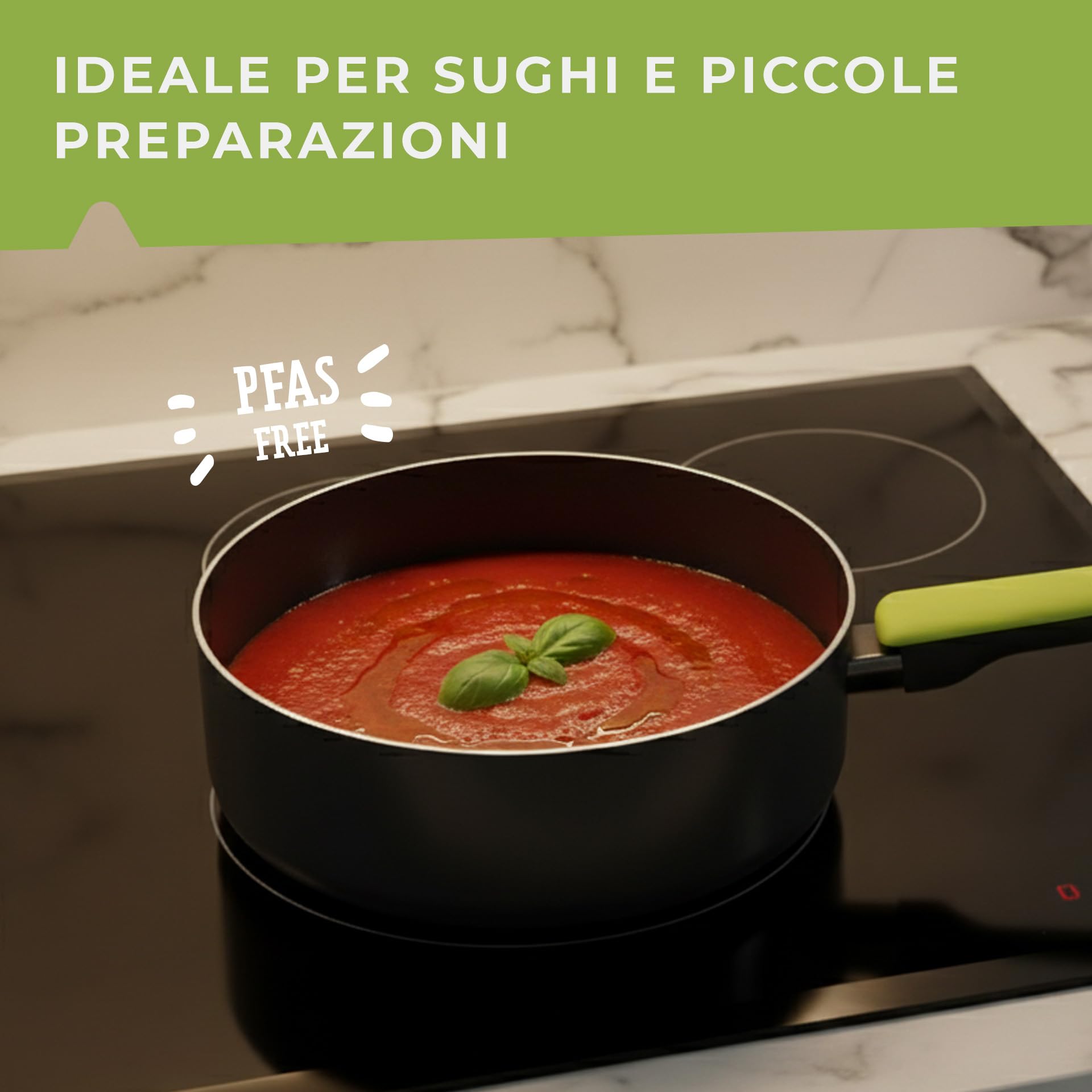 Fackelmann Set di Padelle Antiaderenti PFAS Free, Set Cucina con 3 Padelle Grandi e Medie e 1 Pentolino Casseruola per Salse, Fondo da 4 mm per Piani Cottura a Induzione e Gas, Linea Oliva