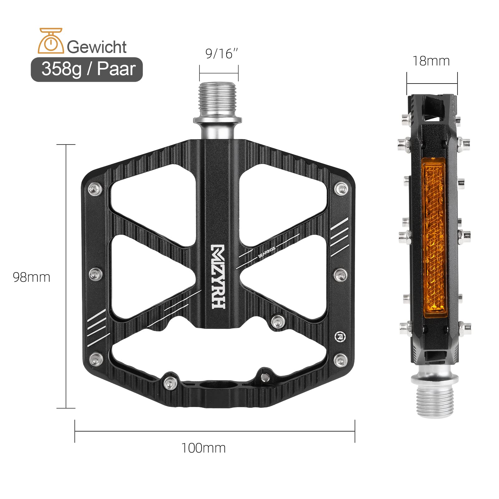 MZYRH Pedały rowerowe z paskami odblaskowymi, antypoślizgowe pedały MTB CNC ze stopu aluminium, 3 uszczelnione łożyska, pedały do roweru górskiego, roweru szosowego, MTB