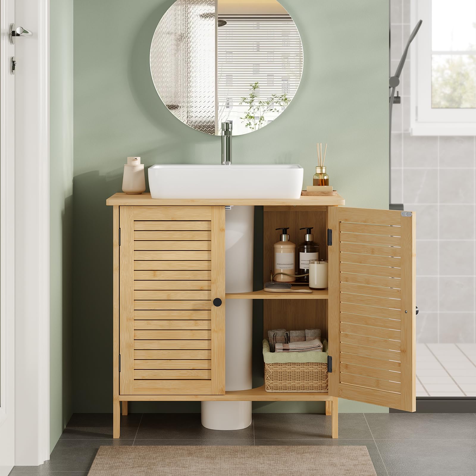 EUGAD Meuble sous Lavabo Salle de Bain en Bambou, Meuble sous Vasque, avec Découpe pour Siphon 20x23 cm, Portes à Lames et Étagère Réglable, 60x30x60 cm