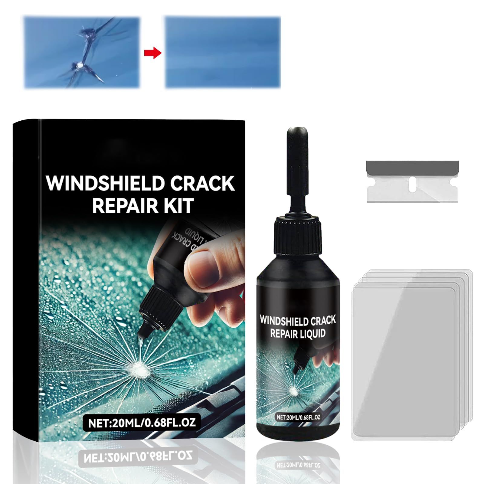 Kit Riparazione Crepe Vetro,Kit Riparazione Parabrezza Auto,Windshield Crack Repair Kit,Kit Riparazione Vetro Auto,Glass Repair Liquido Kit,Auto Finestra Bicchiere Parabrezza Riparazione,20ml