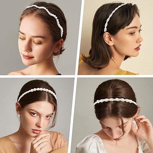 Miniatura 3 de AMCAMI Accesorios para el cabello con cuentas brillantes de diamantes de imitación de perlas blancas: 6 diademas, aros para el cabello para mujeres,