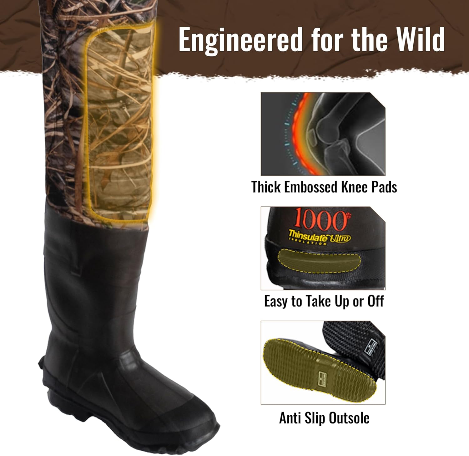 8 Fans Hunting Waders with 1000G Insulation Rubber Boots, Neoprene Chest Wader, Waterproof Bootfoot Waders for Men & Women 10 Next Camo Evo(s)