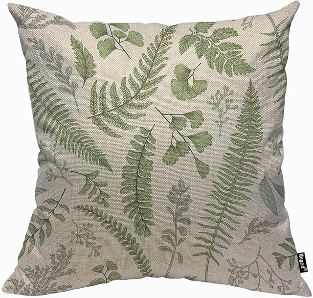 Mugod Floral Pattern in Vintage Style Cushion Cover Throw Pillow Covers Leaves and Herbs Botanical Illustration Boxwood Pillow Case for Men Women Decorative Home Sofa Chair Couch 45x45cm/18x18 Inch
