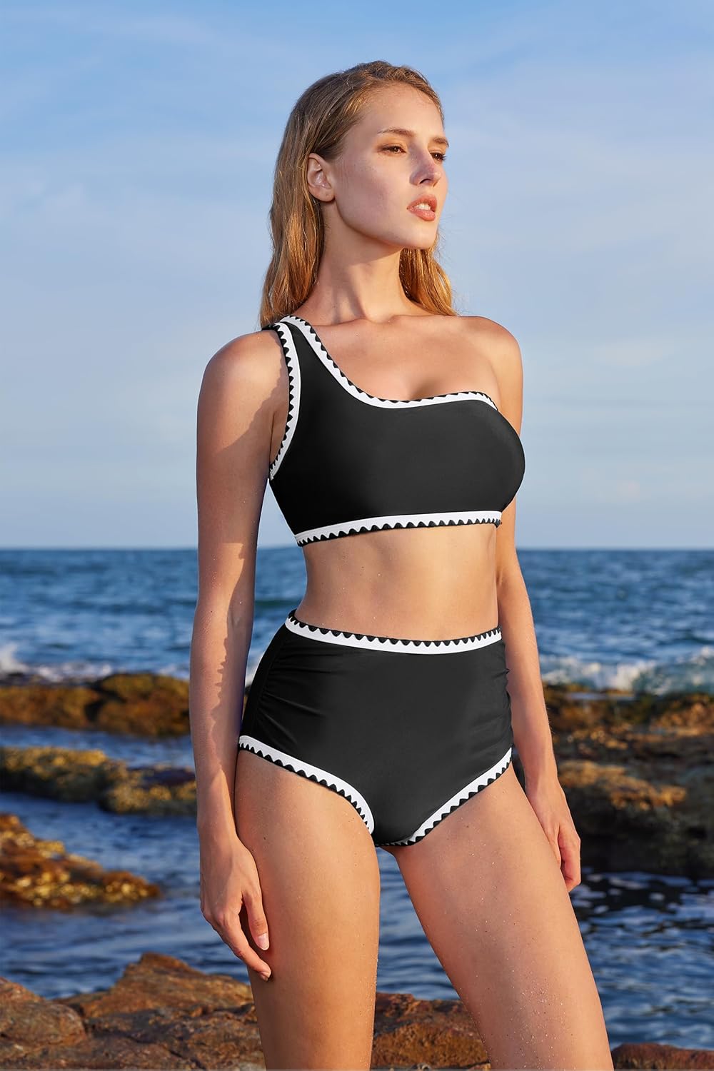 MOOSLOVER Women Bikini Sets One Shoulder High Waisted Swimsuit Whip Stitch 2 Piece Bathing Suits - Image 3