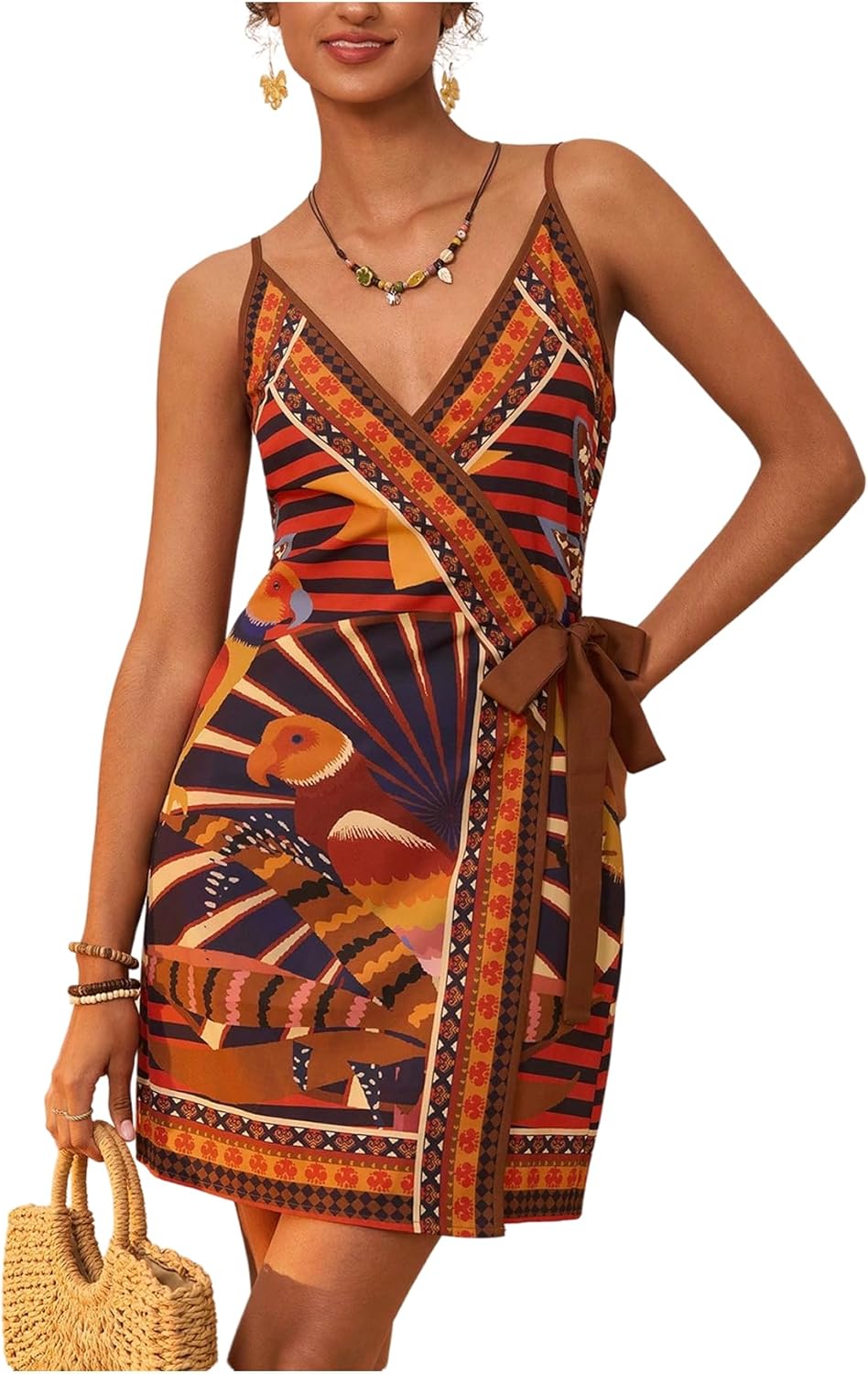 RoseSeek Women's Tropical Print Cami Dress Sleeveless Wrap V Neck Tie Knot Boho Short Dresses