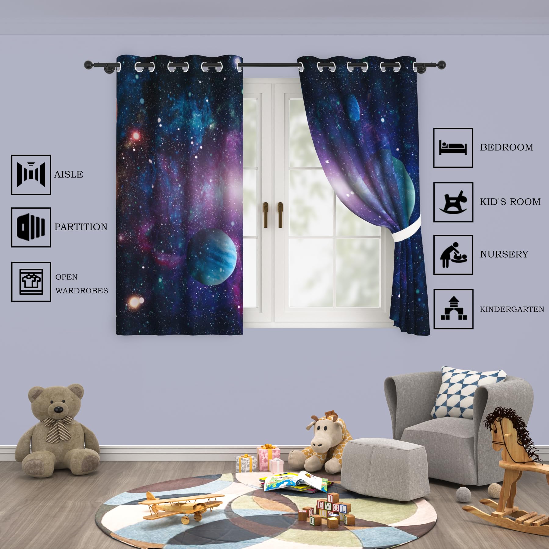 YongFoto 117x183cm Rideaux Occultants pour Chambre Garçon - Planète Énorme Point Lumineux Fantaisie Galaxie Espace - Salle de Jeux Salle de Théâtre Privée, 2 Panneaux
