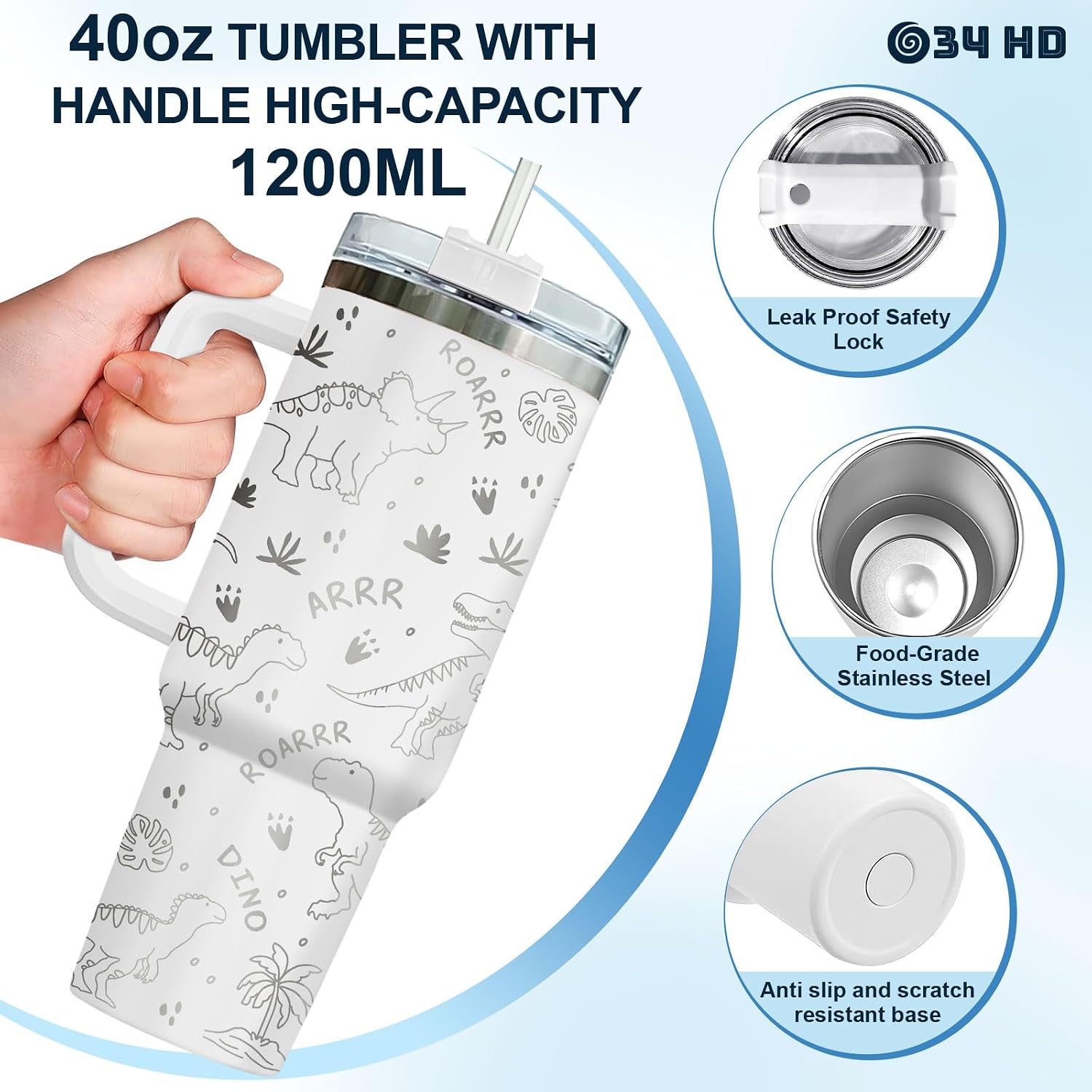 34HD Dinosaur Tumbler 40oz, Cute Dino Lover Travel Coffee Mug image 5