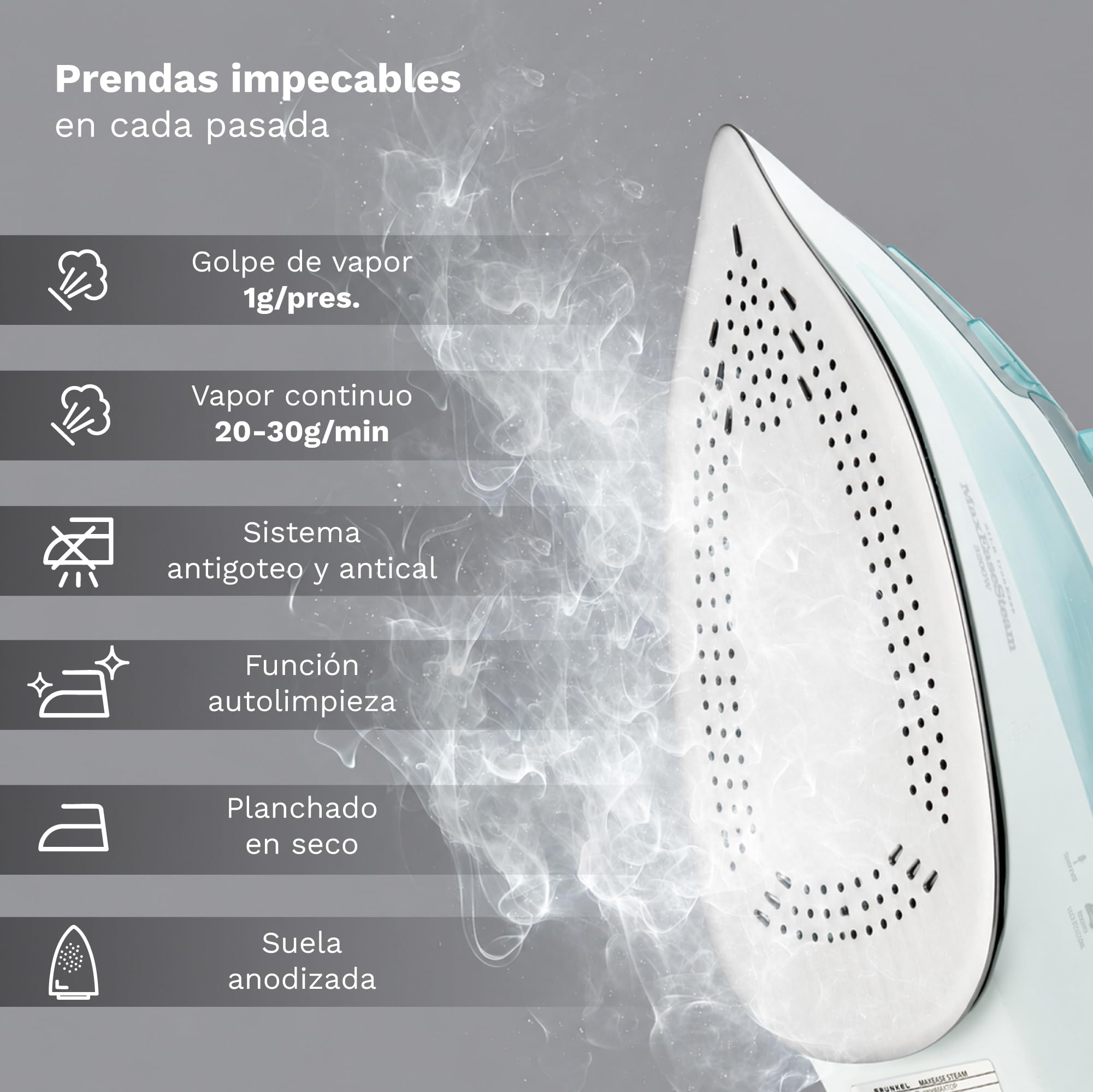 Grunkel - Plancha de Vapor - Control de Caudal de Vapor, Función Antical y Antigoteo. Golpe de Vapor de 1g y 30g/min de Vapor Continuo. Capacidad de Depósito de 300-370ml (Potencia: MAXTOP 3200W)