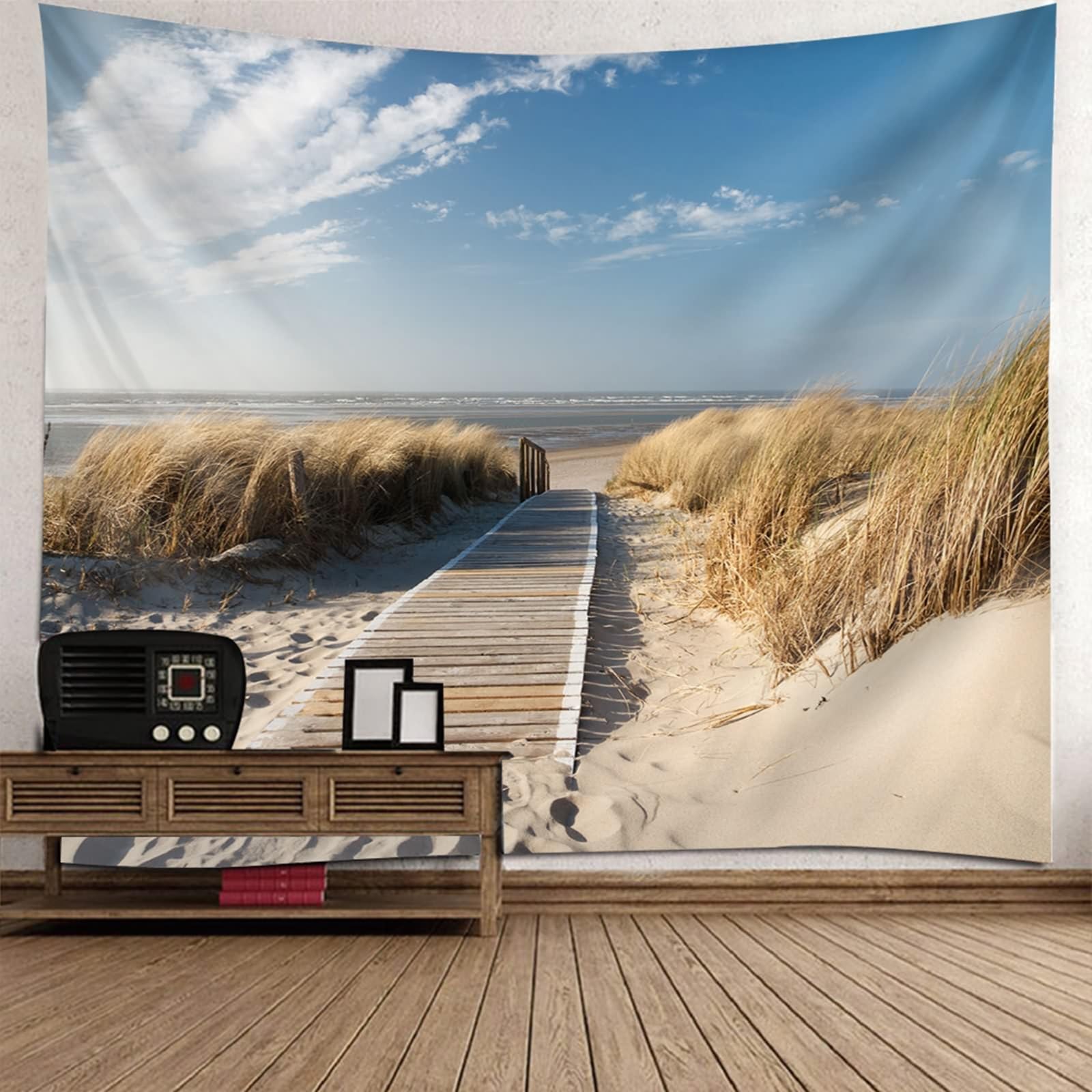 Gualiy Wandtuch Wohnzimmer Meer, Tapisserie 260x240 Strand Schilf Tapisserie Wandteppich Heimdekoration, Gelb Beige