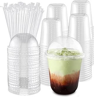 50 Set 12 oz Disposable Clear Plastic Cups with Dome Lids and Straws, Durable Plastic Party Cups for Iced Coffee, Milk Tea, Assorted Beverages, Perfect for Parties, Wedding, Festival Events