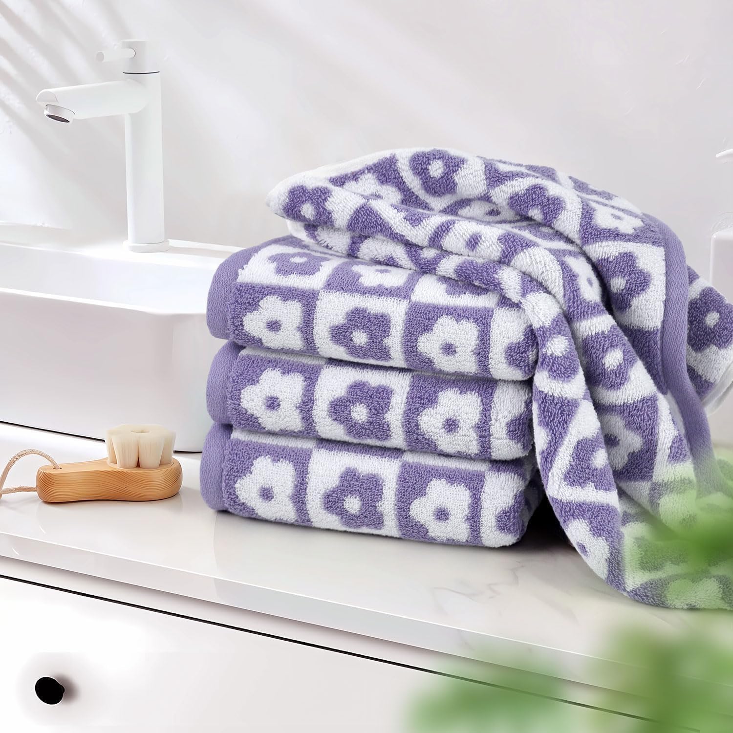 Jacquotha Cotton Hand Towels Lilac Checkered Floral - Quick Drying Hand Towel Set of 4, for Women Girls Bathroom Decor, 29” x 13” - Image 5