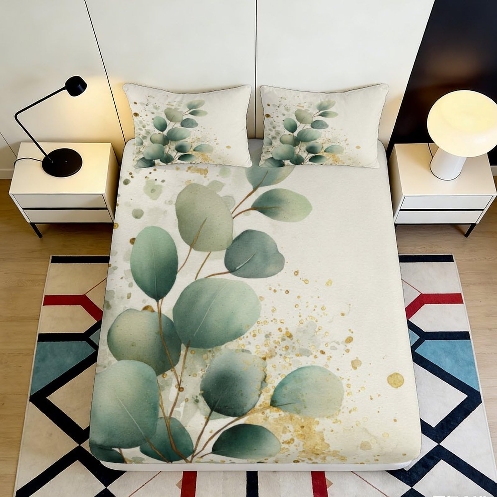 3D Printed Eucalyptus Leaf Fitted Sheet Microfiber Soft Breathable Abstract Art Bed Cover for Bedroom Dormitory Guest Room Mattress Protection 120x200x25cm