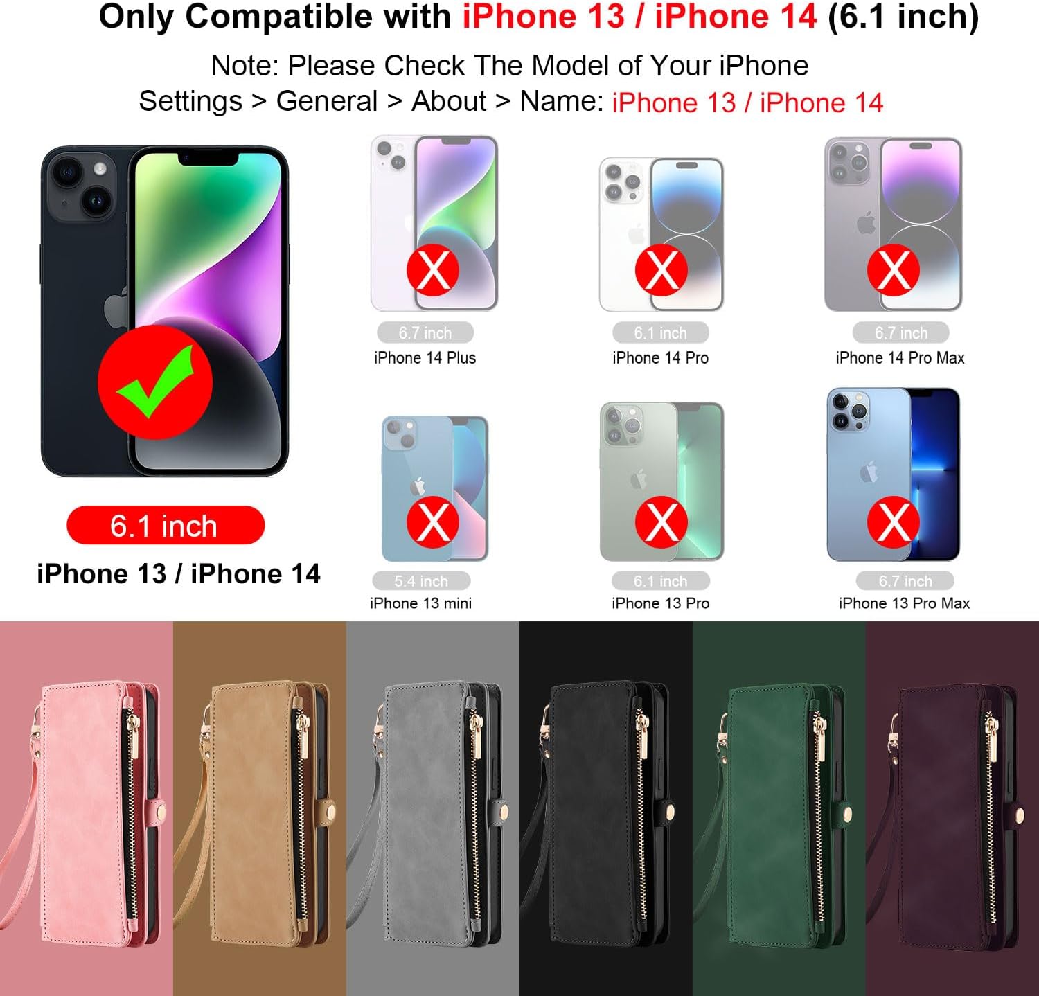ELESNOW Wallet Case for iPhone 14 / iPhone 13 Case for Women, PU Leather with Card Holder Wrist Strap Crossbody Stand Magnetic Closure Flip Phone Case Cover for Apple iPhone 14/13, Deep Purple