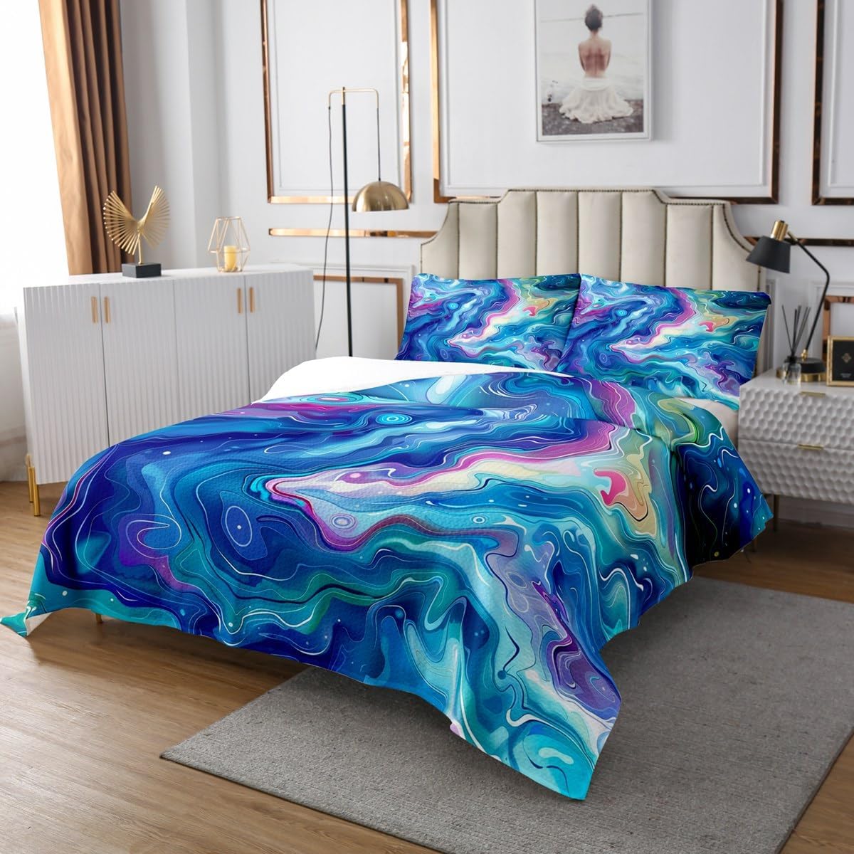 Marble Print Kids Bedspread Twin Size,Marbling Abstract Stone Luxury Texture Coverlet Set,Boys Girls Room Decor,Tie-dye Graffiti Artwork Quilted Coverlet,Teal Bedding Quilt,1 Pillowcase