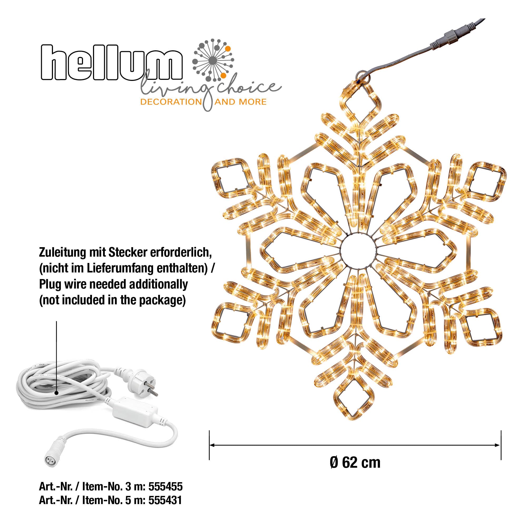hellum LED-System Profi Lichterkette Außen verlängerbar Lichtschlauch Schneeflocke, warmweiß 324 LED wetterfest, ohne Netzkabel, ø 62 cm, Kabel weiß, outdoor 899771