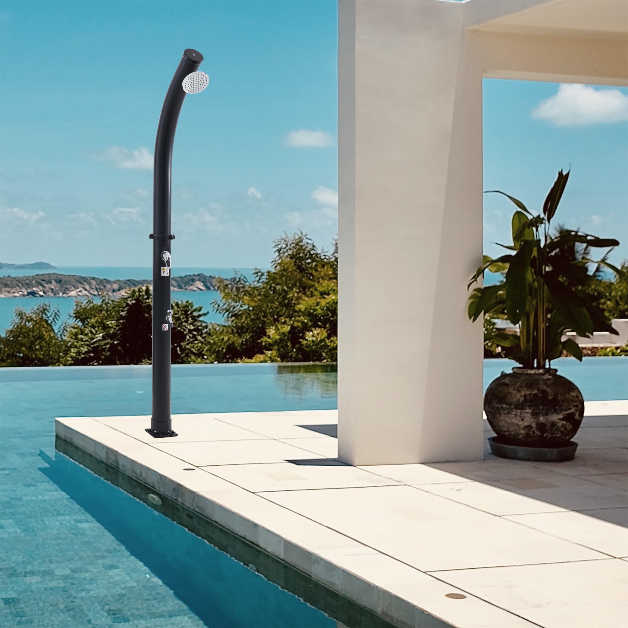 casa.pro Ducha Solar Exterior Kebomi para Piscina Jardín Terraza Temperatura Ajustable máx. 60°C Cabezal Giratorio Grifo para Piés Tanque de 18L Plástico/Metal Altura 216 cm - Negro