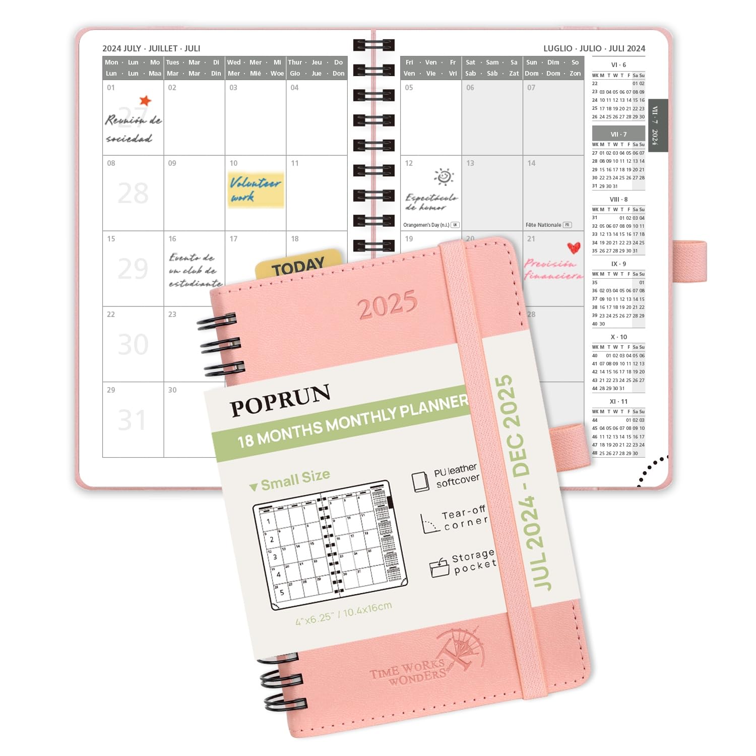 POPRUN Agenda 2024 2025 Mensual Pequeña Espiral 16 x 10,5 cm, 18 Meses de Jul.2024 a Dic.2025, Regla de Plástico, Tapa Blanda, 100 GSM Papel, Rosado